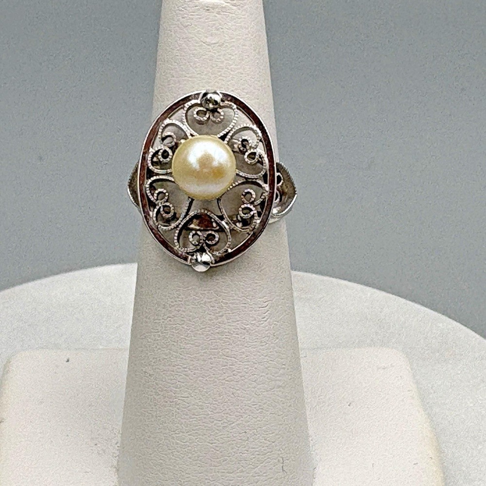 Vintage Sterling Silver Ring Filigree Hearts Cultured Pearl 925 Size 6
